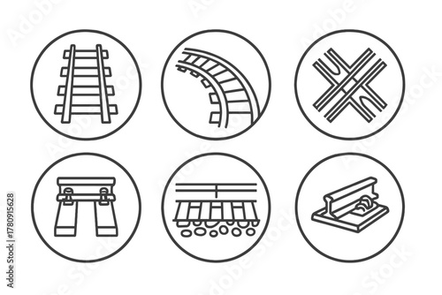 Train Track Icons. Line style icons of train tracks in round shape: straight rails, curved rails, track junction, cross track;