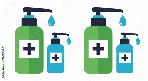 Illustrations of hand sanitizer bottles with medical cross symbols displayed