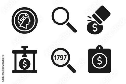 Antique Coin Restoration Tools. Line style icons of Antique Restoration: antique coin, magnifier loop, tarnish eraser, coin press,