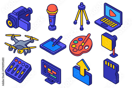 Video Tools Icons. Isometric vector illustration set Video Creator Tools Icons: camera, microphone, tripod, laptop, drone,