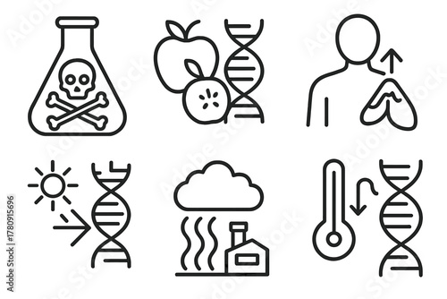 Epigenetics Line Icons. Line style icons of epigenetics and environment: toxin exposure icon, nutrition influence on DNA, stress