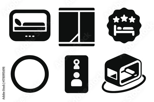 Luxury Capsule Icons. Solid style icons of luxury capsule suites: bed pod glyph, transparent wall icon, comfort badge. Mood light