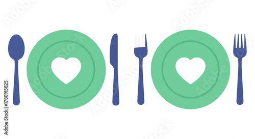 A colorful arrangement of cutlery and plates with heart shapes shown