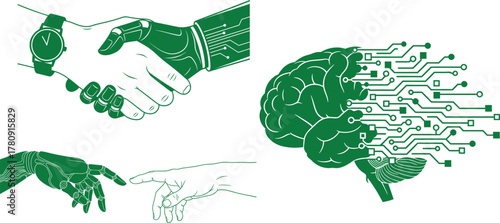 Robot and human hands shake, robot and human fingers touch, brain with circuits handshake