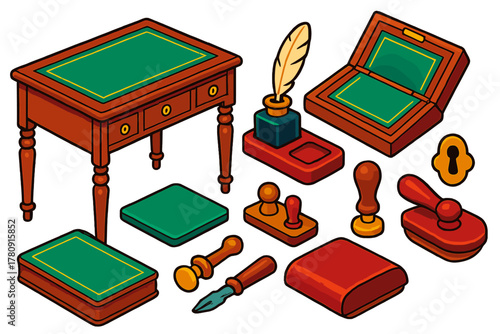Antique Furniture Icons. Isometric vector illustration set Antique furniture – Georgian writing desk, leather inkwell stand, quill