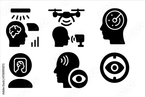 Surveillance Icon Set. Solid style icons of surveillance thought systems: thought scanner glyph, drone mind sweep, privacy breach