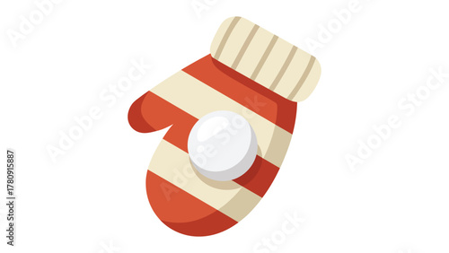 Snowball inside Mitten: A cozy red and white striped mitten cradles a pristine snowball, perfect for winter fun.