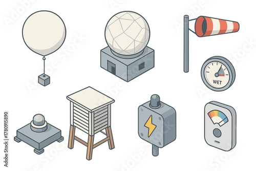 Meteorology Tools Illustrations. Isometric vector illustration set of Meteorology tools: weather balloon, weather radar dome,