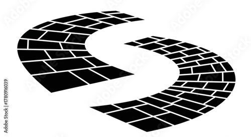 Abstract black and white design featuring curved brickwork shapes