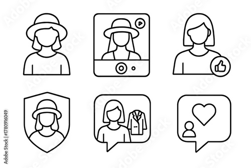 Fashion Avatar Icons. Line style icons of fashion avatars as influencers: fashion avatar profile, avatar livestream feed, digital