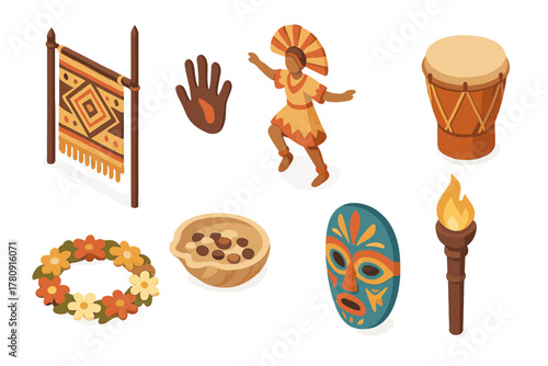 Cultural Ritual Elements. Isometric vector illustration set of Cultural rituals: woven ritual banner, handprint symbol, ceremonial
