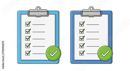 Two clipboards with completed checklists and green checkmark icons shown