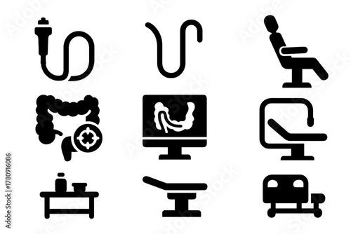 Colonoscopy Equipment Icons. Solid style icons of FMT via colonoscopy: colonoscope device, guided tube, clinical chair. Colon view