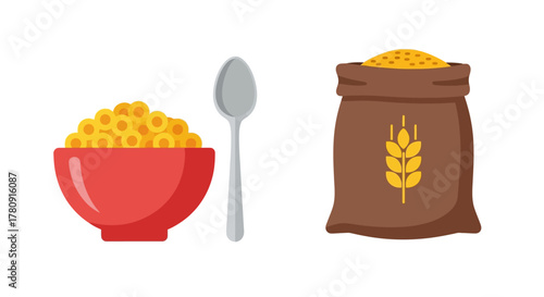 A bowl of pasta a spoon and a bag of grain are shown