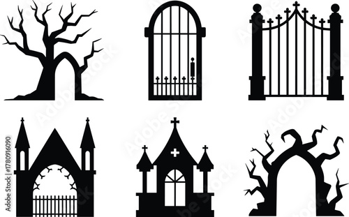 Set of six black and white gothic architecture icons with haunted trees, iron gates, and chapel silhouettes for Halloween design