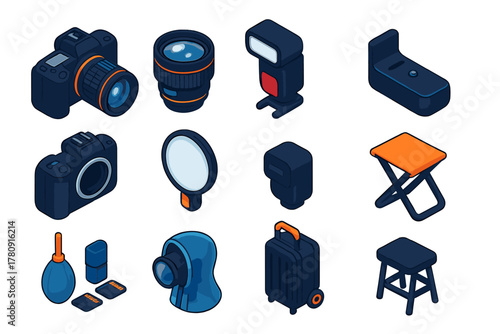 Event Photography Tools. Isometric vector illustration set Event Photography Essentials: full-frame camera, fast prime lens,