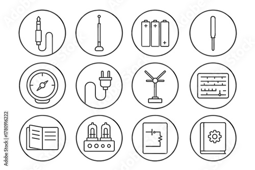 Retro Radio Accessories Icons. Line style icons of retro radio accessories in round shape: headphone jack, external antenna,