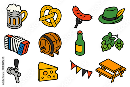 German Heritage Icons. Isometric vector illustration set German Heritage Linear Icons: beer stein, pretzel, grilled sausage,