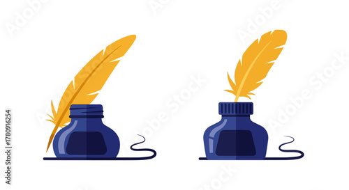 Two blue inkwells with yellow feather quills a vintage writing scene