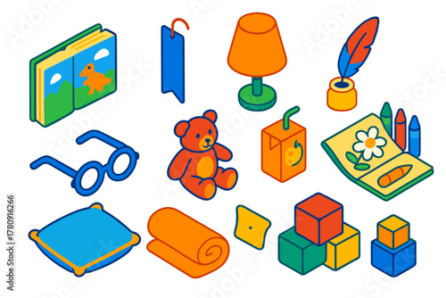 Children's Reading Icons. Isometric vector illustration set Children’s Reading Icons: picture book, bookmark, table lamp, feather