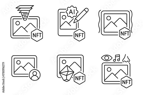 Futuristic NFT Icons. Line style icons of future NFT photo innovations: holographic photo NFT, AI-edited instant mint,