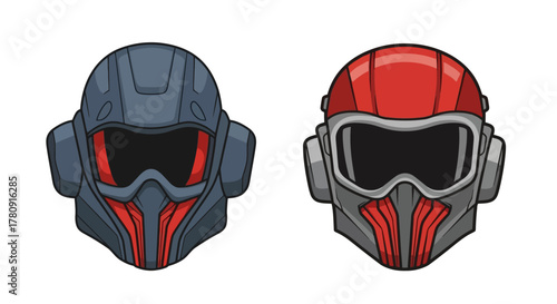 Two futuristic space helmets displayed with contrasting color schemes and designs