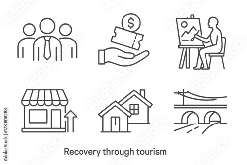 Tourism-Driven Economic Recovery. Line style icons of recovery through tourism: local job creation symbol, funding from tickets