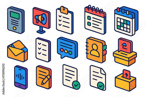 Workplace Communication Icons. Isometric vector illustration set Workplace Communication Tools: office intercom icon, announcement