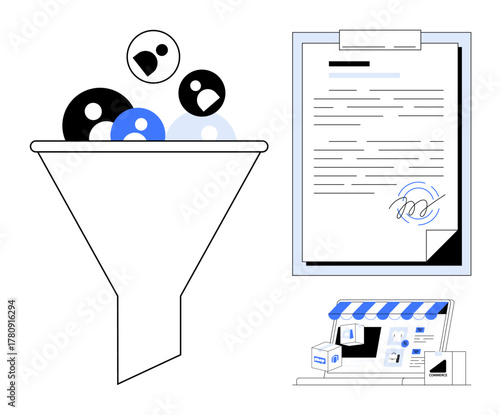 Funnel filtering leads to signing a document includes an online storefront interface. Ideal for marketing, lead management, sales strategy, e-commerce, customer engagement, workflow optimization