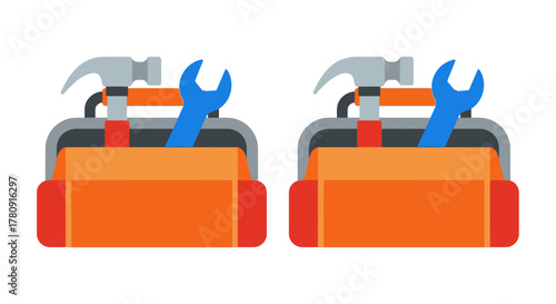 Two orange toolboxes each containing a hammer and wrench illustration