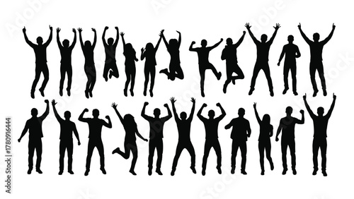 Energetic group celebration silhouettes isolated on transparent background, Vector