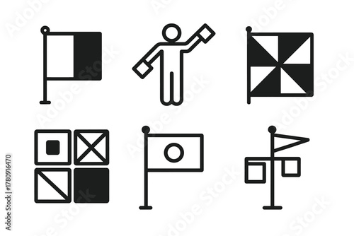 Vexillology Line Icons. Line style icons of Vexillology: maritime signal flag, semaphore symbol, ensign icon, nautical flag set,