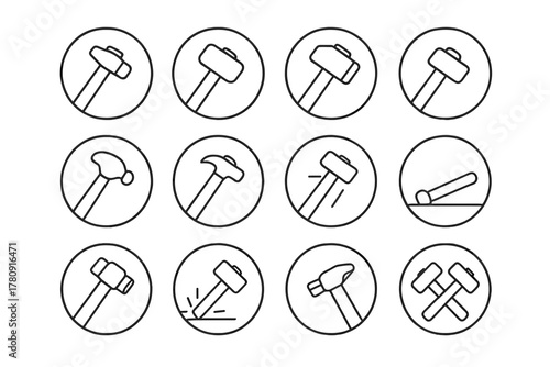 Blacksmith Hammer Icons. Line style icons of blacksmith hammers in round shape: cross peen hammer, rounding hammer, sledgehammer,
