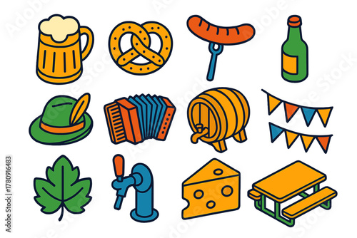 German Fest Icons. Isometric vector illustration set German Fest Linear Icons: beer stein, pretzel, grilled sausage, Bavarian hat,