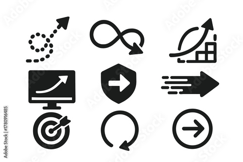 Arrow Flight Tracking Icons. Solid style icons of arrow flight tracking: digital arrow path icon, laser flight loop, trajectory
