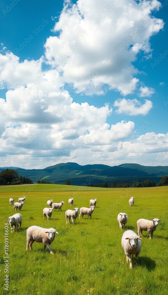 Obraz premium Gentle sheep roam a vibrant green field under a bright blue sky dotted with soft clouds, with lush forest hills in the distance, animal, sunny
