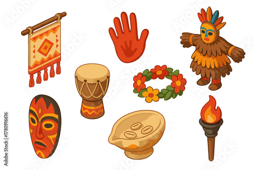 Cultural Ritual Elements. Isometric vector illustration set of Cultural rituals: woven ritual banner, handprint symbol, ceremonial