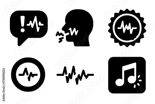 Vocal Glitch Icons. Solid style icons of vocal glitch training: speech with error glyph, corrupted voice icon, distortion badge.