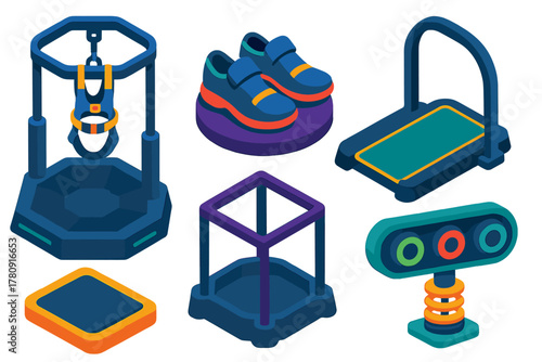 VR Gaming Setup. Isometric vector illustration set VR gaming setup – treadmill base, safety harness, overhead rail; VR shoes,