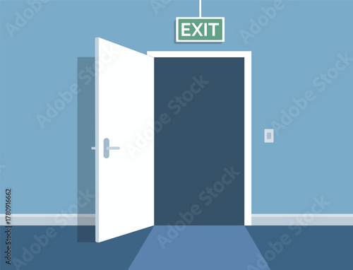 Open fire exit door in flat style. Evacuation sign emergency concept. Vector stock