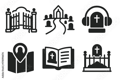 Cemetery Tourism Icons. Line style icons of Cemetery Tourism: open gate view, historic tour path, audio guide icon, cemetery icon