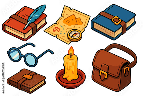 Classic Explorer's Tools. Isometric vector illustration set Classic literature – explorer’s journal, ink quill, mountain sketch;