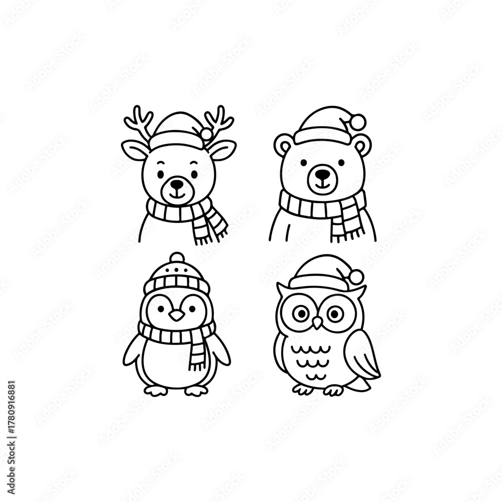 Obraz premium Cute hand drawn winter animals wearing hats and scarves
