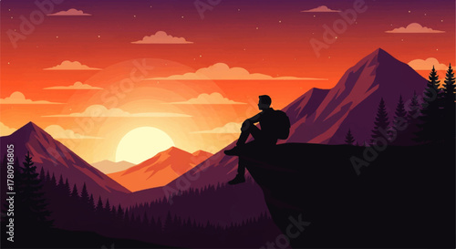 Silhouette of a hiker sitting on a cliff edge, contemplating the sunset over a mountainous landscape.