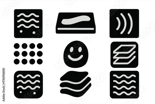 Tactile Art Icons. Solid style icons of haptic art surfaces: textured emotion zone, raised stroke slab, vibration canvas icon.