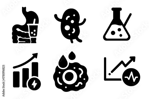 Bubble Tea Biology Icons. Solid style icons of bubble tea biology crossover: digestive system with pearl icon, gut-friendly