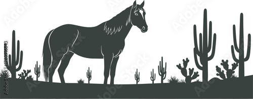 Silhouette Horse Standing In Desert Landscape With Cacti And Mountains cactus