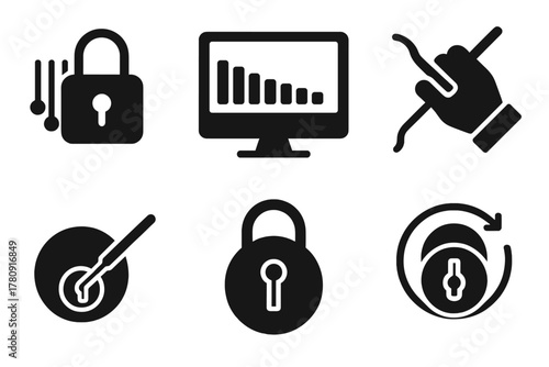 Competitive Lockpicking Icons. Line style icons of Competitive Lockpicking: scored lock attempt, display screen icon, lockpick