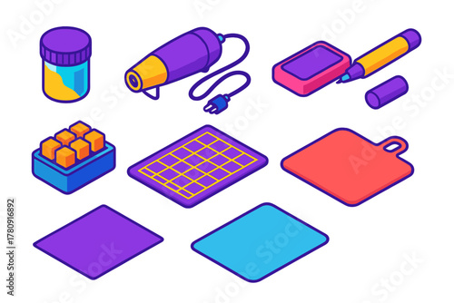 Vibrant Art Tools. Isometric vector illustration set Art supplies – embossing powder jar, heat gun, embossing ink pad; embossing