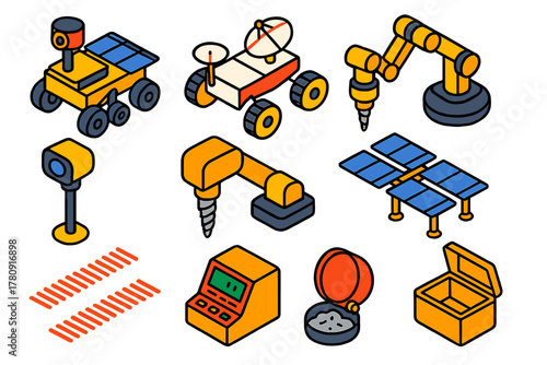 Space Rover Icons. Isometric vector illustration set Space Rover Icons: Mars rover, lunar rover, robotic arm, panoramic camera,